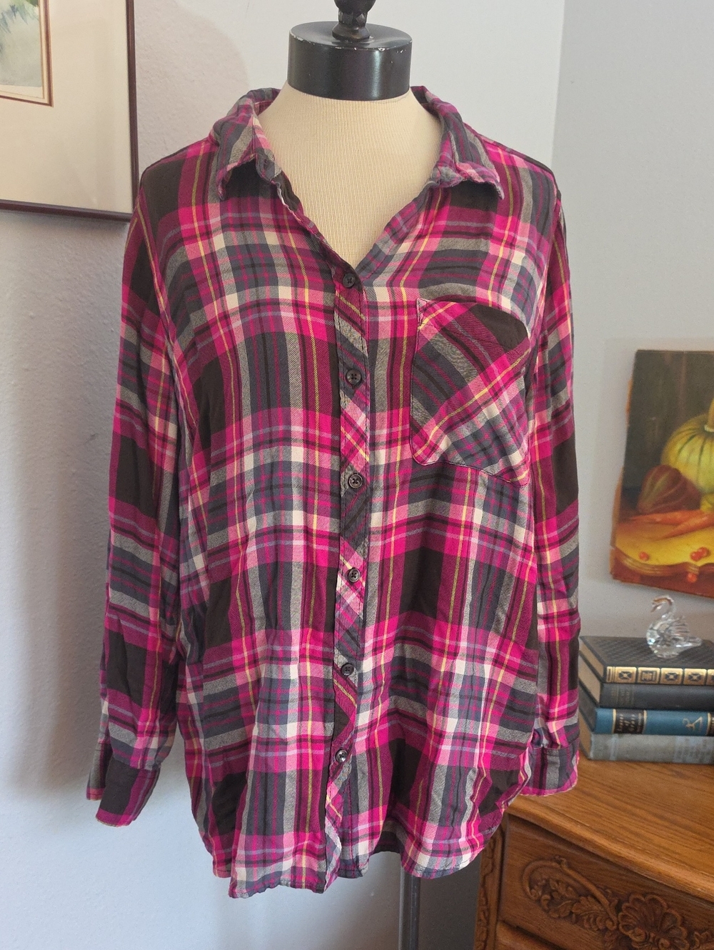 Terra & Sky Pink Grey Plaid Soft Flannel Plus Size Shirt Cabincore Gorpcore